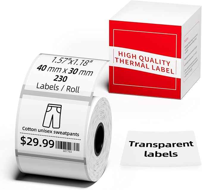 M100 Clear Thermal Label 1.57'' x 1.18'' (40 x 30 mm), Multi-Purpose Adhesive Transparent Thermal Labels Compatible with Label Maker M110/ M220/ M221/ M120/ M260/M150/M250, 230 Labels/Roll-DeskLoop Office