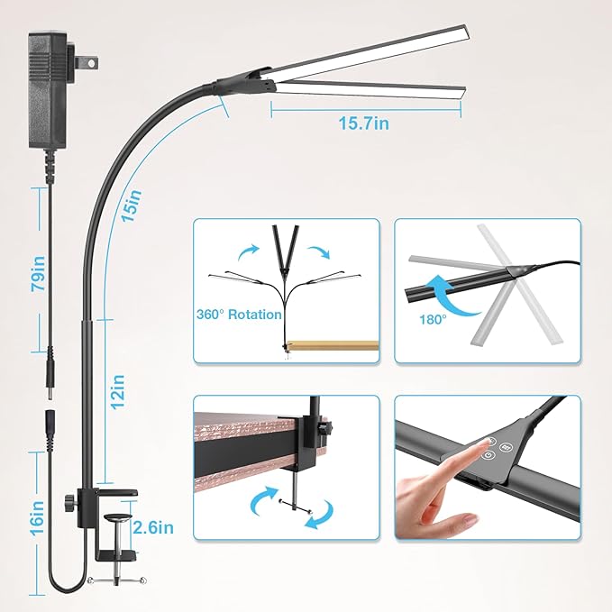 Desk Lamp for Office Home, 31.5" Desktop Lighting Bar with Gooseneck, Clip on Desk Light with Clamp, Bright Dimmable Table Lamp for Study, Work, Computer, Monitor, Reading-DeskLoop Office