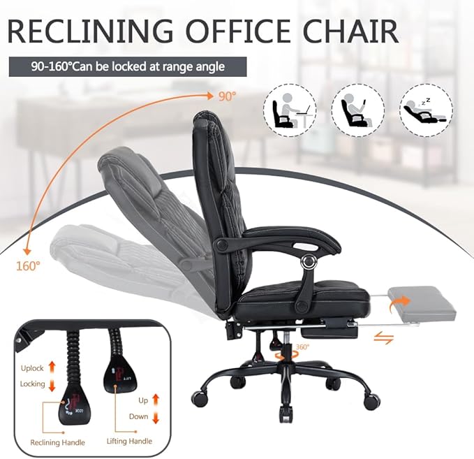 Ergonomic Office Chair with Foot Rest, Executive Chair with Footrest PU Leather Computer Chair, Big and Tall Chair Reclining Desk Chair, Thick Padded Coil Spring Seat, 400 lbs Capacity (Black)-DeskLoop Office