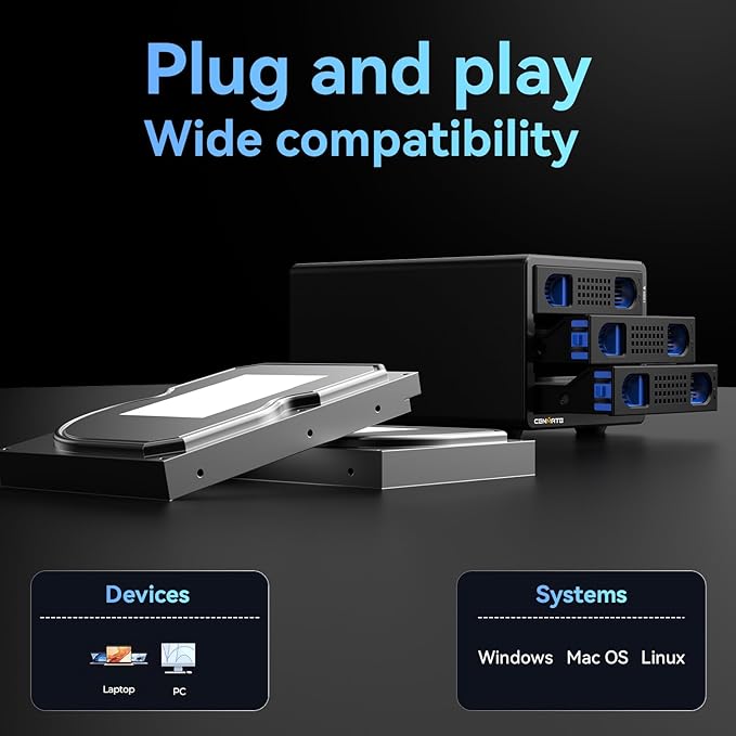 3 Bay Hard Drive Enclosure with Cooling Fan for 2.5“/3.5" SATA HDD/SSD with USB A/C 3.0, Support 60TB, Hot Swappable, Daisy Chain Expansion, Tool-Free HDD Enclosure, DAS(NO RAID/NAS)-DeskLoop Office