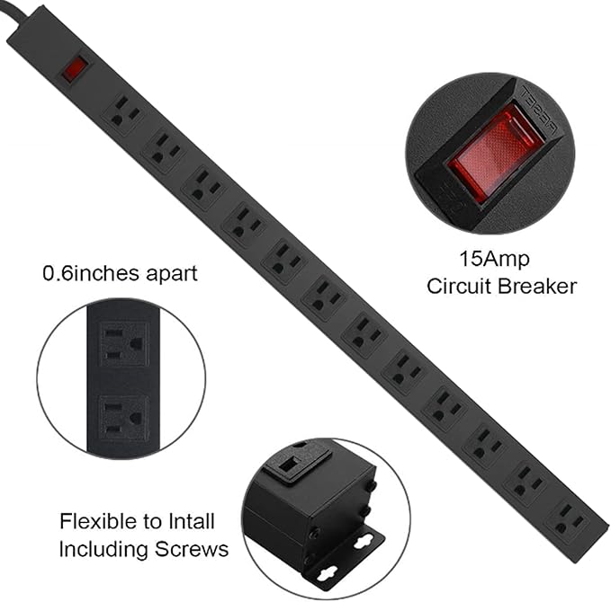 HHSOET Metal Wall Mount Power Strip, Mountable Power Outlet with 12 AC Outlets, Aluminum Alloy Mount Power Socket with Switch, 10 FT SJT 3/C 14AWG Power Cord, 15A 125V 1875W (12AC) Black-DeskLoop Office