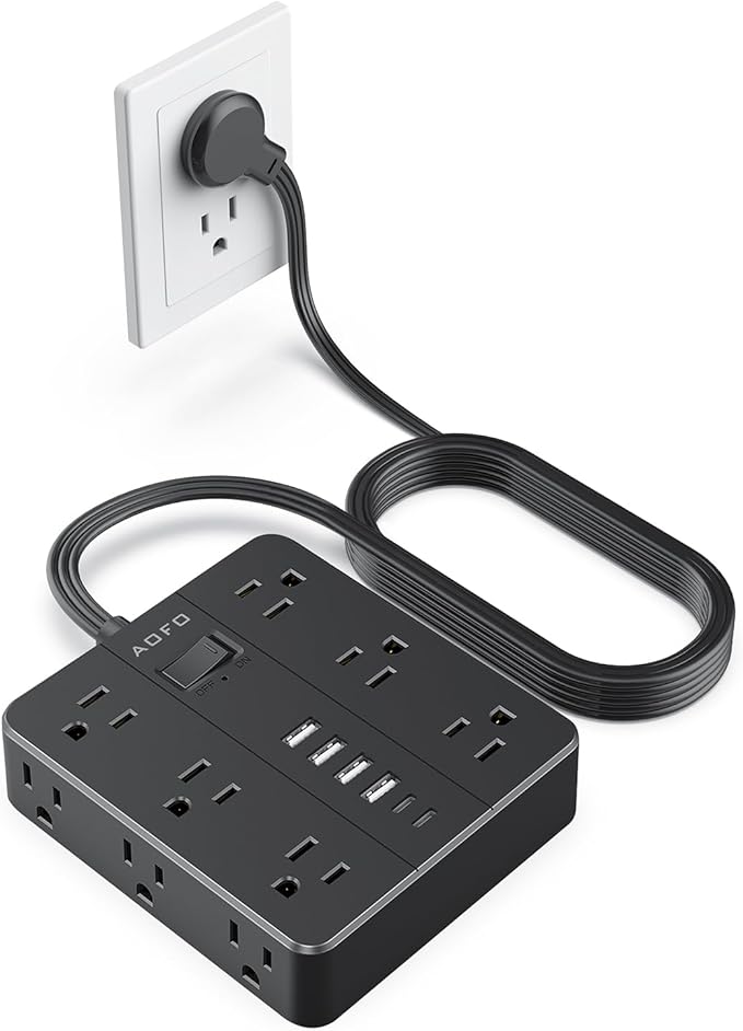 10FT Surge Protector Power Strip,12 AC Outlets with 6 USB Ports (2 USB-C), Flat Plug Extension Cord with Multiple Outlets, Wall Mount for Home Office,Dorm,Black-DeskLoop Office
