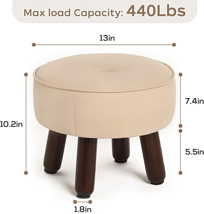 13in Small Foot Stool Ottoman, Round Faux Leather Foot Rest for Couch, Under Desk Pouf Footstool Footrest with Non-Skid Rubber Legs for Ling Room, Bedroom, 13''L x 13''W x 10.2''H, Beige-DeskLoop Office