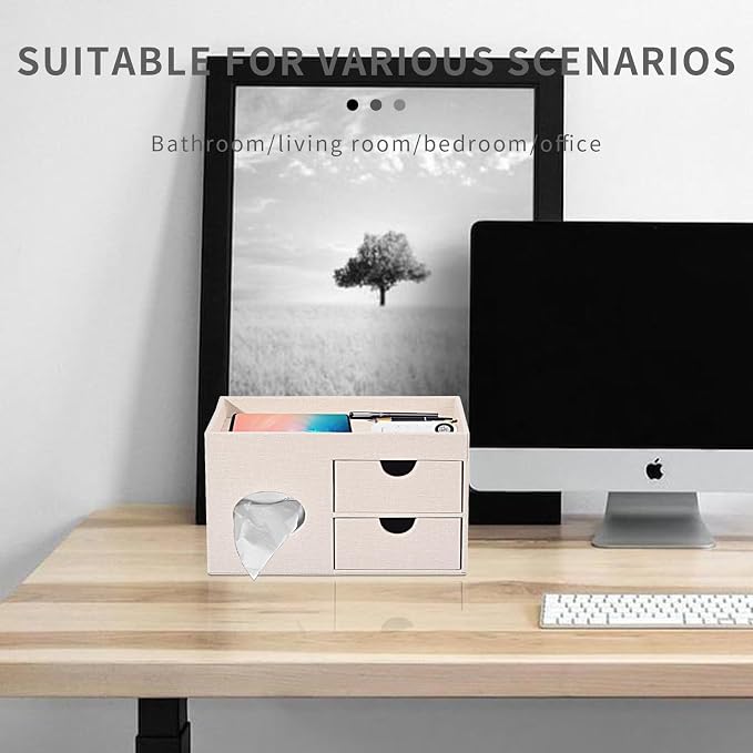 Square Tissue Box Cover with Drawers, Tissue Box Holder with Storage Tray - Image 3