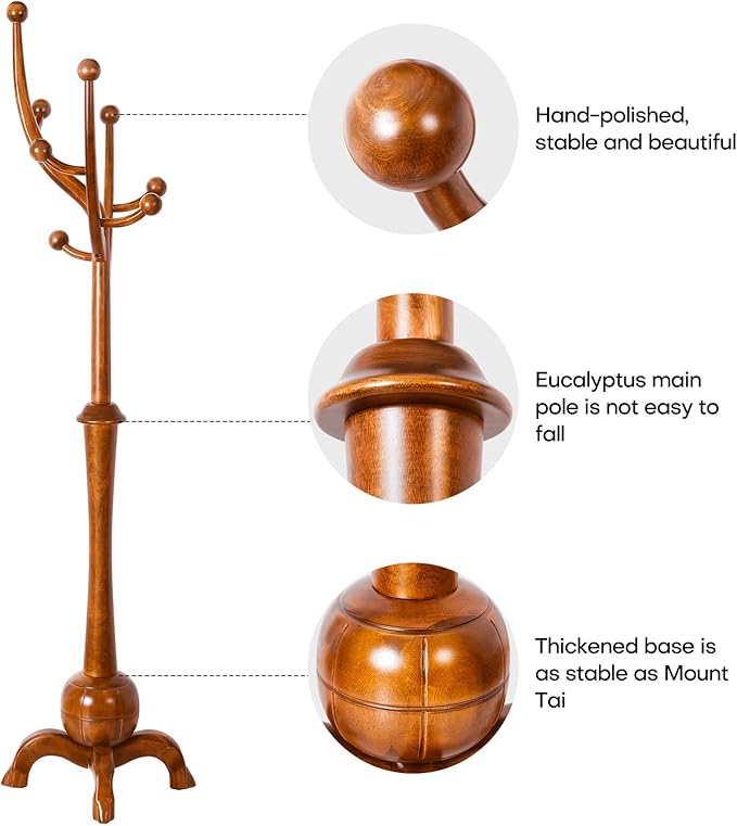 Coat Rack Freestanding Wood Tree Rack with 8 Hooks, Creative Design Tree Branch-look, Coat Tree Clothes Hanger Stand with Stable Sphere Base for Entryway, Hallway, Bedroom - Load 160lbs (Light Brown)-DeskLoop Office