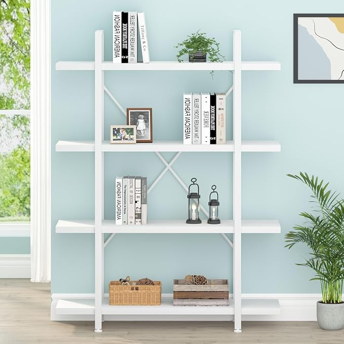 HSH 4 Tier White Bookshelf, Modern 4 Shelf Etagere Bookcase, Industrial Wood and Metal Storage Shelves and Display Book Rack, Farmhouse Open Wide Book Shelf for Bedroom Living Room Office, White Oak-DeskLoop Office
