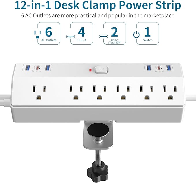 40W Fast Charging Station, Desk Clamp Power Strip, JXGUCAT Removable Desk Clamp Mount Power Strip Surge Protector, 2 USB-C Ports, 6 AC Outlets and 10ft Cord, Fits 1.8" Tabletop Edge-DeskLoop Office