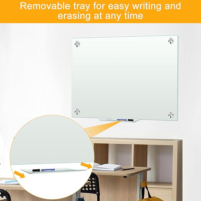 H-Qprobd Glass Whiteboard 60"x40" Magnetic Dry Erase White Board for Wall, Includes 12 Magnets, 8 Markers and 2 Erasers-DeskLoop Office