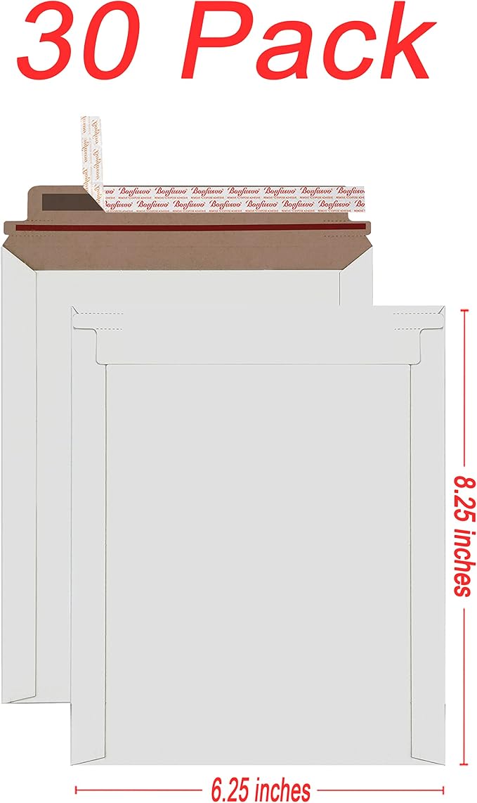 Bonfasvo Rigid Mailers 30 Pack 6.25 x 8.25 inches White Self Seal Stay Flat - Image 2