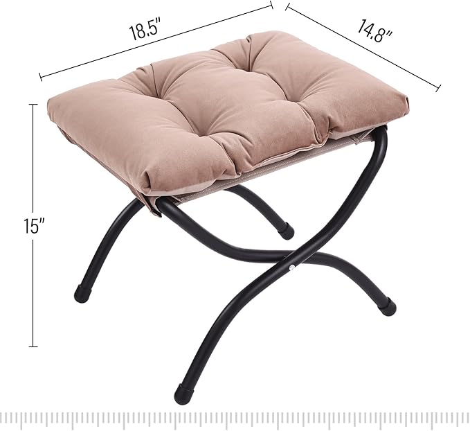 LITA Folding Upholstered Footrest Stool, Modern Small Portable Accent Ottoman with Detachable Thick Cotton Cushion Padded Sofa Stool with Metal Frame for Lazy Chair, Living Room & Bedroom, Khaki-DeskLoop Office