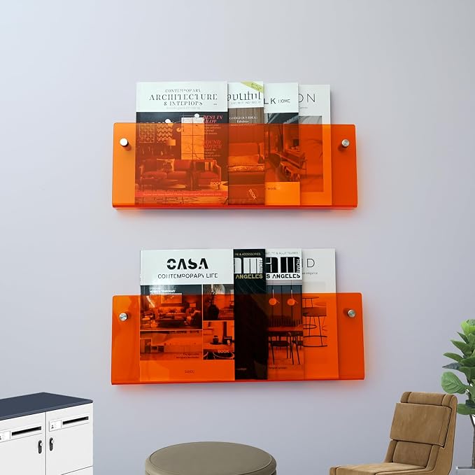 2 Pack Orange Acrylic Magazine Holder, Wall Mount Hanging Bookshelf Literature - Image 4