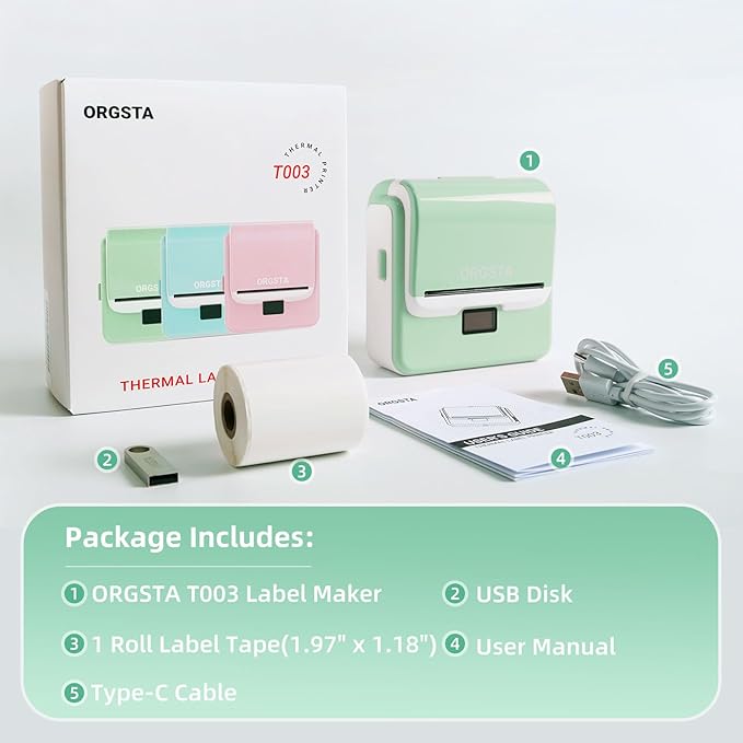 ORGSTA Label Maker Machine with Tape, T003 Thermal Label Maker, 3.15 Inch Bluetooth Label Printer Compatible with Phone & PC, Sticker Printer Barcode Thermal Maker for Small Business, Home, School-DeskLoop Office