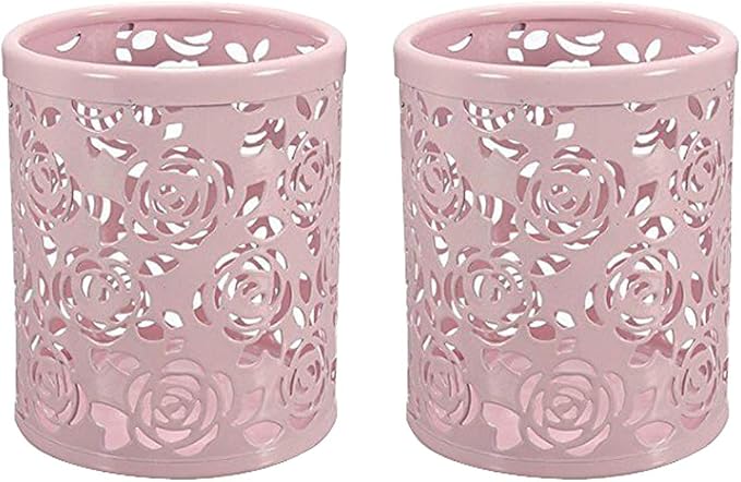 2 Pack Hollow Rose Flower Pattern Metal Pen Pencil Pot Cup Holder Desk - Image 5