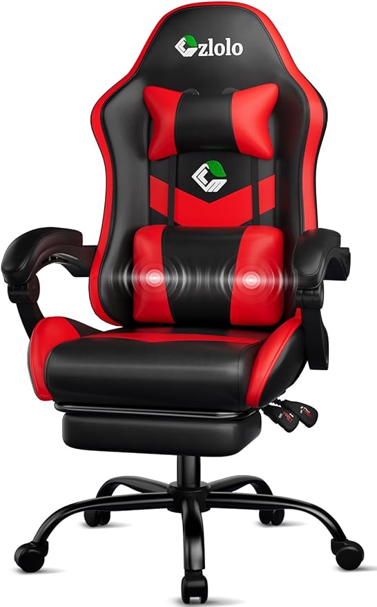 Gaming Chair, Ergonomic Office Computer Chair with Footrest and Lumbar Support Massager Racing Style High Back Video Gamer Chair, Wide＆Thick Cushion, 90°-135° Recline, Adjustable Height, Red-DeskLoop Office