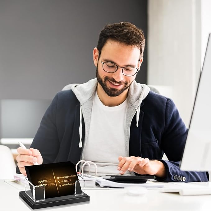 Acrylic Business Card Holder for Desk, Clear Business Card Display Stand with Black Base for Desk -2-Piece Gift Card Organizer for Office Desktop, Conferences, and Exhibition Receptions-DeskLoop Office