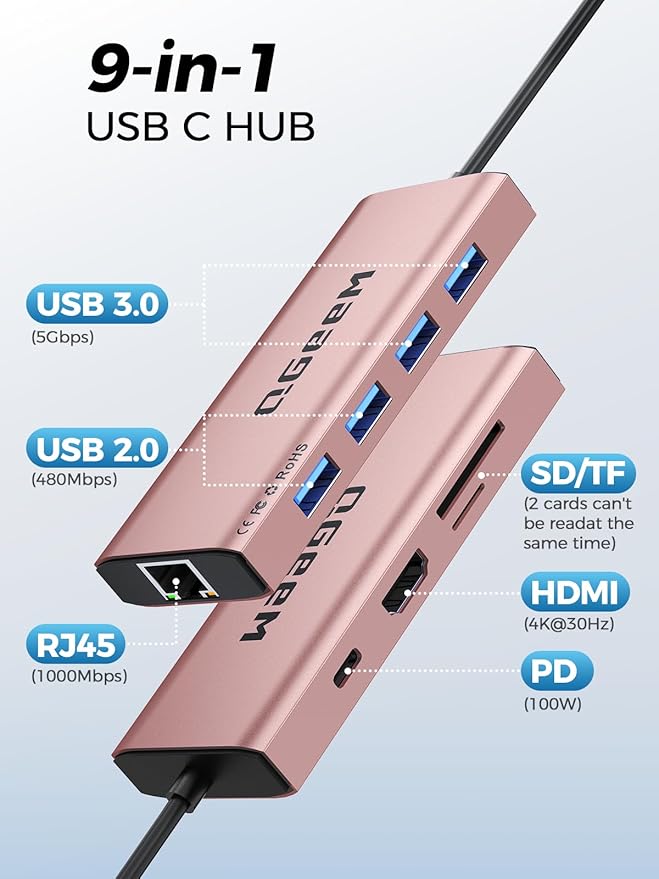 QGeeM USB C Hub Ethernet,9 in 1 USB Type C Hub HDMI Multi-Port Converter Adapter,100W Pd, USB 3.0,SD/TF Card Reader,Compatible for MacBook Pro Air Ipad HP Dell Lenovo Chromebook etc.-Pink-DeskLoop Office