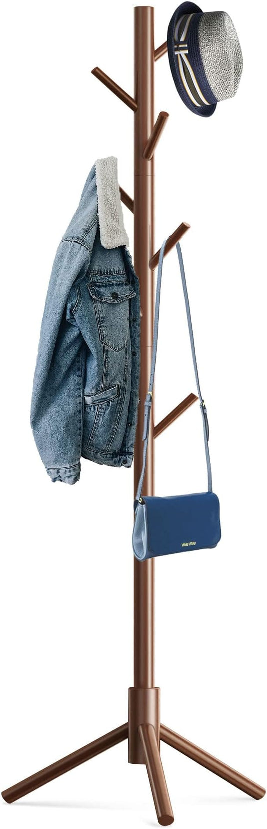 Wooden Tree Coat Rack Stand,Sturdy Freestanding Coat Rack with 8 Hooks,3 Adjustable Height for Child Adult,Wood Coat Stand Tree Fits Entryway Bedroom Office for Bags,Hats-DeskLoop Office