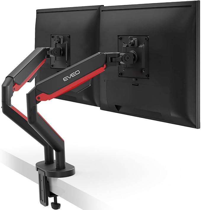 EVEO Premium Dual Monitor Mount 14"-35” Dual Monitor Arm VESA Bracket Adjustable Height Gas Spring Dual Monitor Stand, Screen Full Motion Dual Monitor Arm-Computer Monitor Stand for 2 Screens - Red-DeskLoop Office