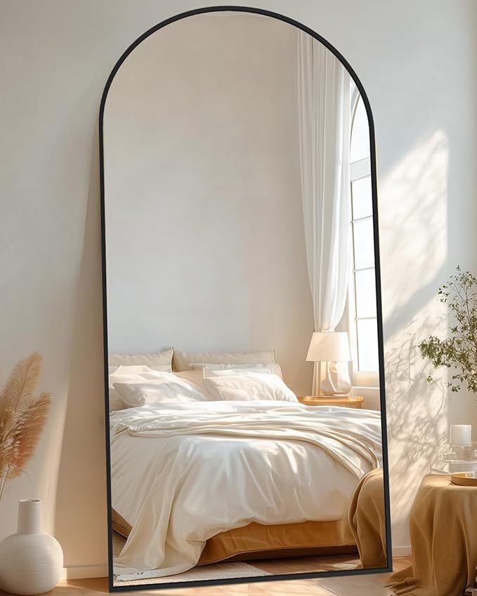 Full-Length Floor Mirror with Stand, 76"x34" Arched Style Full Body Standing Mirror for Bedroom, Living Room, Gym, Dorm - Shatter-Resistant & Easy Assembly, Black-DeskLoop Office