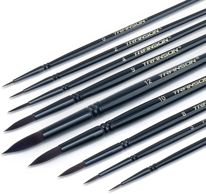 Transon Round Paint Brush Set 9pcs Synthetic Sable Hair for Acrylic Painting Watercolor Painting Gouache Ink Craft and Detail Painting Black Color-DeskLoop Office