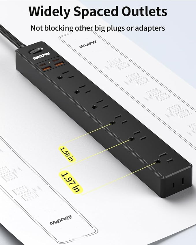 2 Pack Power Strip Surge Protector - 7 Outlets 4 USB Ports (2 USB C), Maxpw 10 Ft Ultra Thin Flat Plug Extension Cord, 1875W/15A, 1700 Joules, Wall Mount for Home Office Dorm, Black-DeskLoop Office