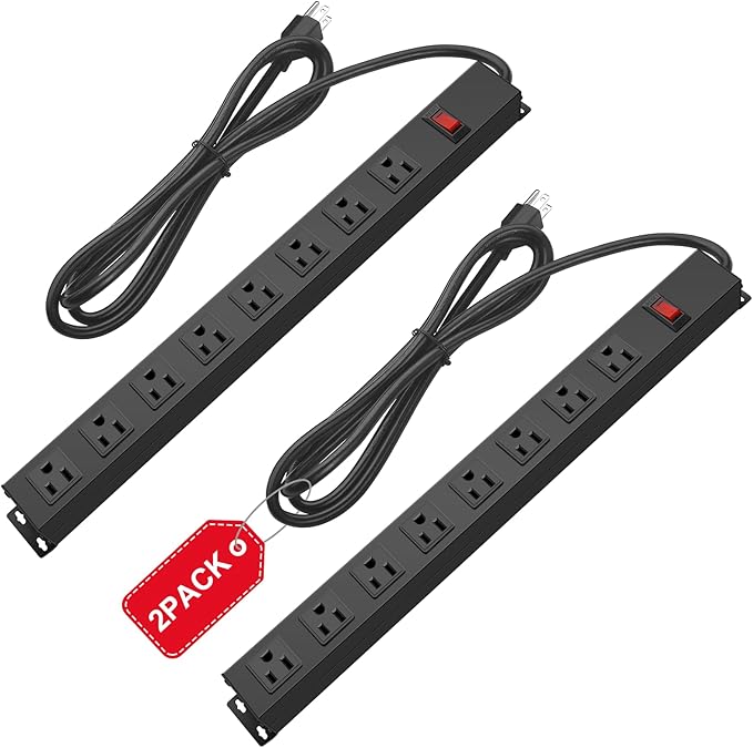 2Pack Metal 8 Outlet Mountable Power Strip, Wall Mount Outlet Heavy Duty, Wide Spaced Commercial Shop Power Strip with Switch, 15 FT SJT 14AWG Power Cord.-DeskLoop Office