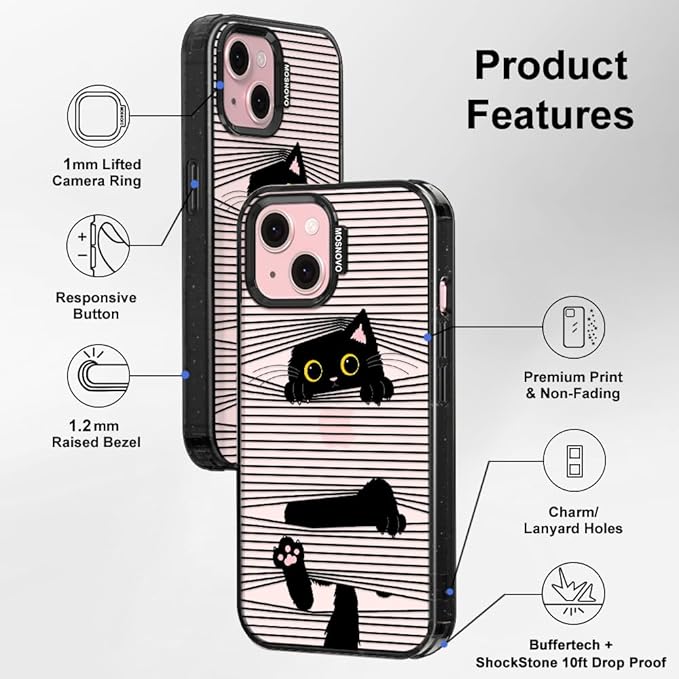 MOSNOVO Case for iPhone 15, [10ft 4X Military-Grade Drop Protection] Durable & Shockproof Phone Case Cover Design for iPhone 15 - Hidden Black Cat - Clear Black-DeskLoop Office