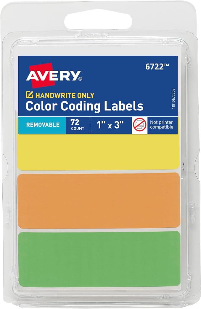 Avery Color-Coding Removable Labels, Non-Printable, 72 Blank Labels Total by Avery