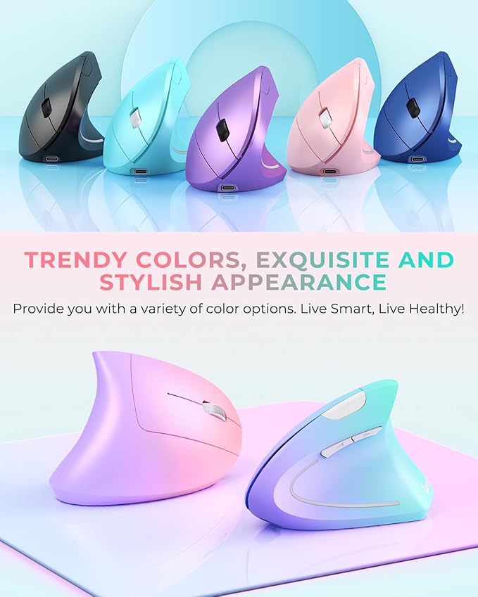 Lekvey Ergonomic Mouse, Vertical Wireless Mouse, Rechargeable 2.4G Optical Carpal Tunnel Mice with USB Receiver: 1000/1200 / 1600 DPI, 6 Buttons, for Laptop, Computer, PC, Desktop, Pink Green-DeskLoop Office