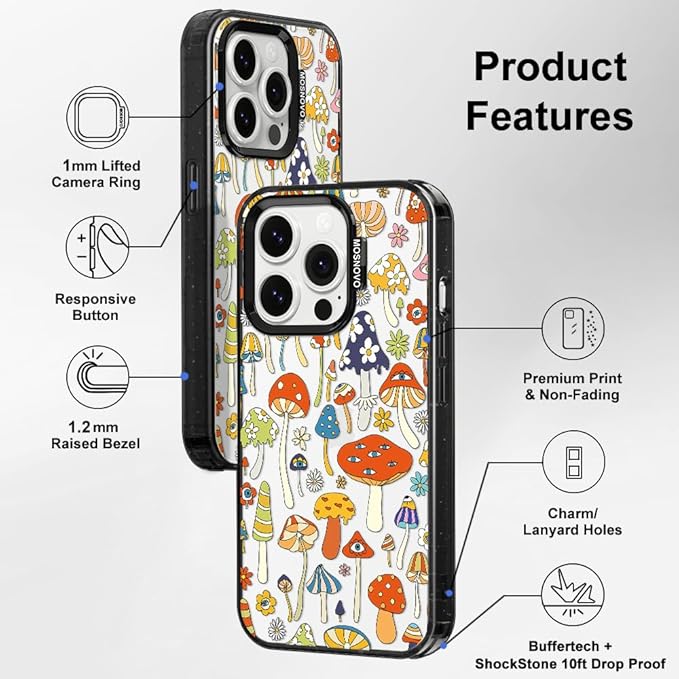 MOSNOVO Case for iPhone 14 Pro, [10ft 4X Military-Grade Drop Protection] Durable & Shockproof Phone Case Cover Design for iPhone 14 Pro - Mushroom Art - Clear Black-DeskLoop Office