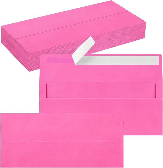50 Pack #10 Business Envelopes, Self Seal Standard Hot Pink Envelopes by QIKSION
