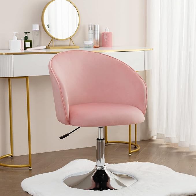 Furnimart Velvet Vanity Chair with Chrome Frame, Height Adjustable & Swivel, Pink - Living Room, Bedroom, Office-DeskLoop Office