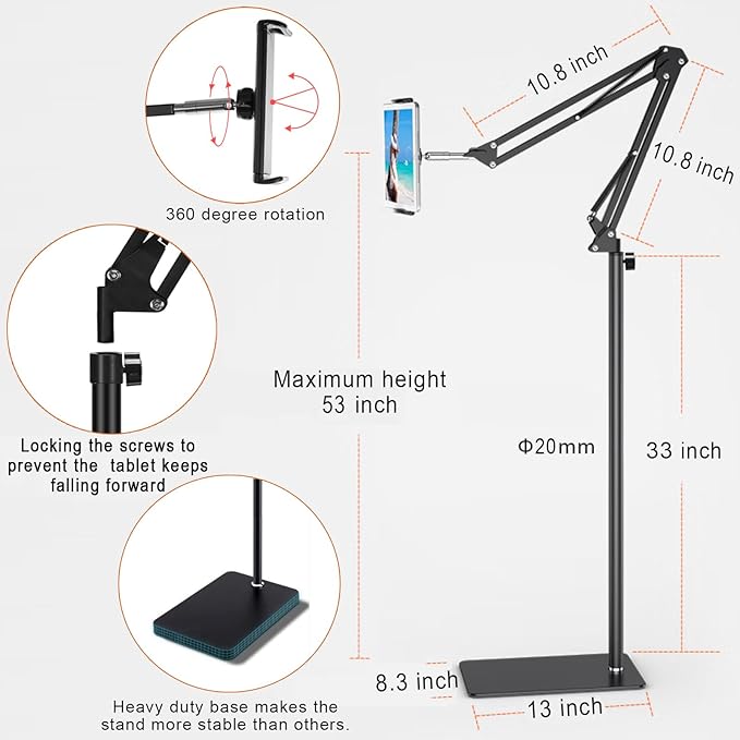 Tablet Floor Stand with 6LB Weight, Overhead Bed phone Stand Angle Height - Image 5