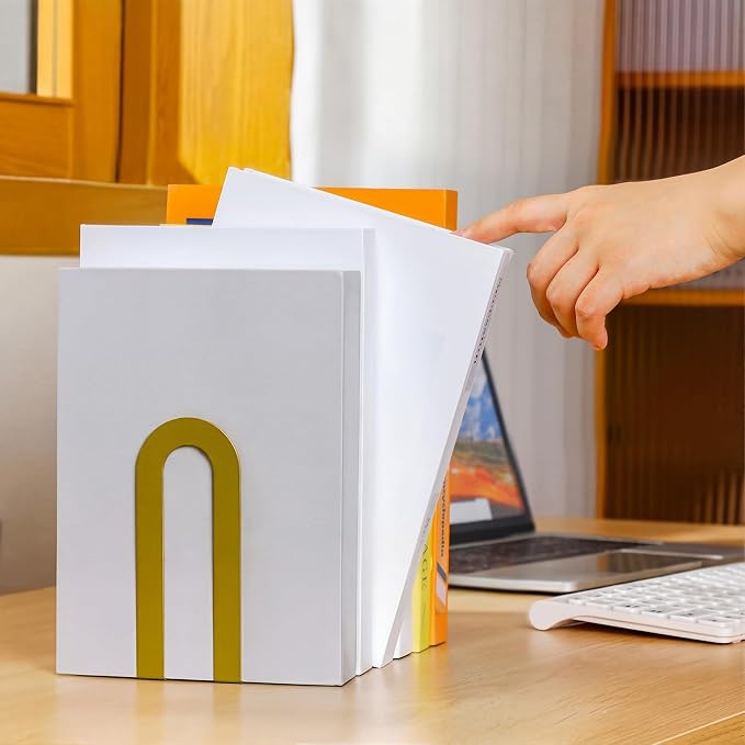 Chunful 2 Pcs Gold Modern Metal Book Ends - Image 2