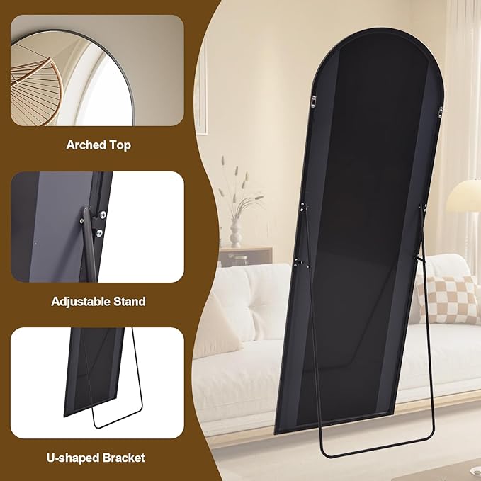Full Body Mirror 26x71 inch Arched Full Length Mirror with Stand Aluminum Wall Mounted Hanging or Leaning Standing Mirrors,Black-DeskLoop Office