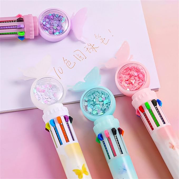 4pcs Set Multi-Color Shuttle Pens 10-In-1 Retractable Ballpoint Pen 0.5mm, Butterfly Design, Home Office School Supplies for Students Kids (4pcs Random Color)-DeskLoop Office