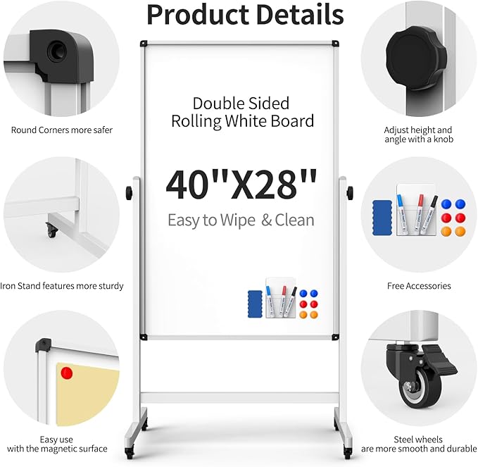 40x28 Inches Mobile Whiteboard, Double Sided Magnetic Dry Erase Board Height Adjustable Whiteboard with Stand for Home Office Classroom-DeskLoop Office