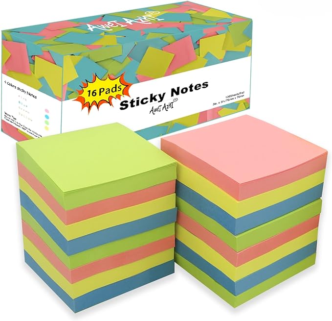 Sticky Notes 3x3, Self-Stick Notes, 16 Pads, 100 Sheets/Pad, Assorted Colors Stickies, Easy to Post Notes for Study, Works, Daily Life (16)-DeskLoop Office