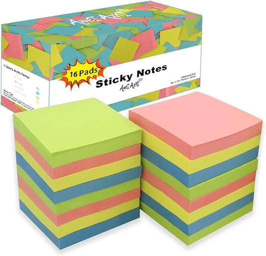 Sticky Notes 3x3, Self-Stick Notes, 16 Pads, 100 Sheets/Pad, Assorted Colors Stickies, Easy to Post Notes for Study, Works, Daily Life (16)-DeskLoop Office