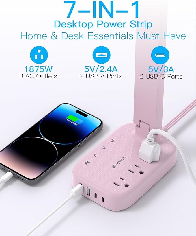 Dorm Room Essentials for Girls, Pink Power Strip with LED Desk Lamp, 3 Outlets 4 USB Ports, 4 Modes 5 Level Touch Lamp Small Desk Lamp for Home Office Bedroom Study Reading Light, 5ft Extension Cord-DeskLoop Office