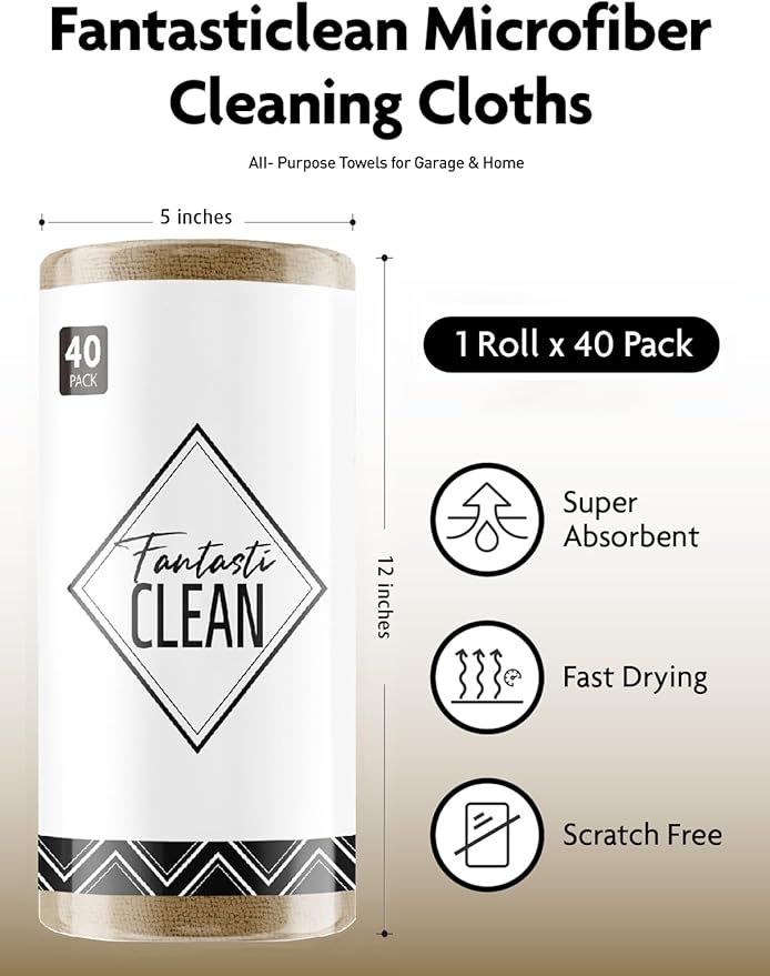 Fantasticlean Microfiber Cleaning Cloth Roll -40 Pack, Tear Away Microfiber Towels, 12" x 12", Reusable, Washable, Scratch Free, Ultra Absorbent Dish Rags for Car, Home, Garage or Shop (TAN)-DeskLoop Office
