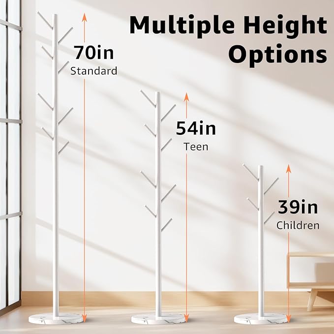 Coat Rack with Natural Marble Base, Metal Freestanding Coat Rack with 8 Hooks, 3 Adjustable Size Sturdy Coat Tree for Bags, Coats, and Hats for Entryway, Hallway, Bedroom, Office, White-DeskLoop Office