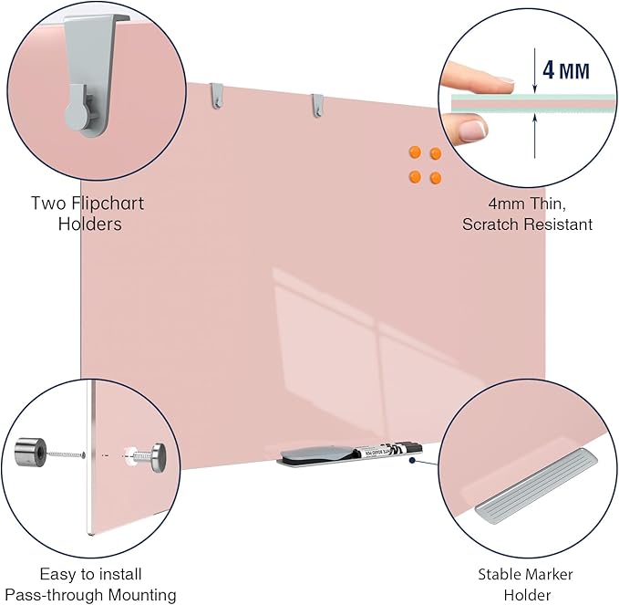TSJ OFFICE Glass Dry-Erase Board - 36 x 24 Inches Wall Mounted Magnetic Whiteboard, Large Frameless Glass White Board for Office, Home & School, Pink-DeskLoop Office