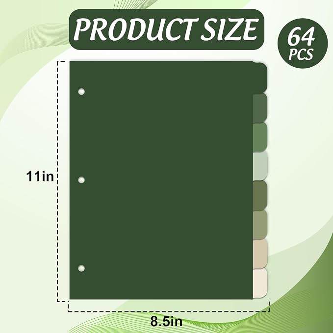 Whaline 64 Pcs/ 8 Set Sage Green 3 Ring Binder Dividers Colorful Index Dividers - Image 2