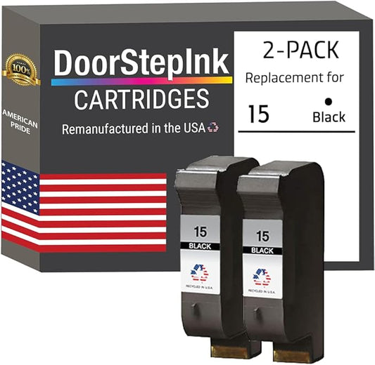 DoorStepInk Remanufactured Ink Cartridges for HP 15 C6615DN Black 2 Pack – Compatible with HP DeskJet 810C, 812C, 825C, 825cvr, Officejet 5110, V40, 5110xi, PSC 500, 950, 750, High Yield USA Made-DeskLoop Office