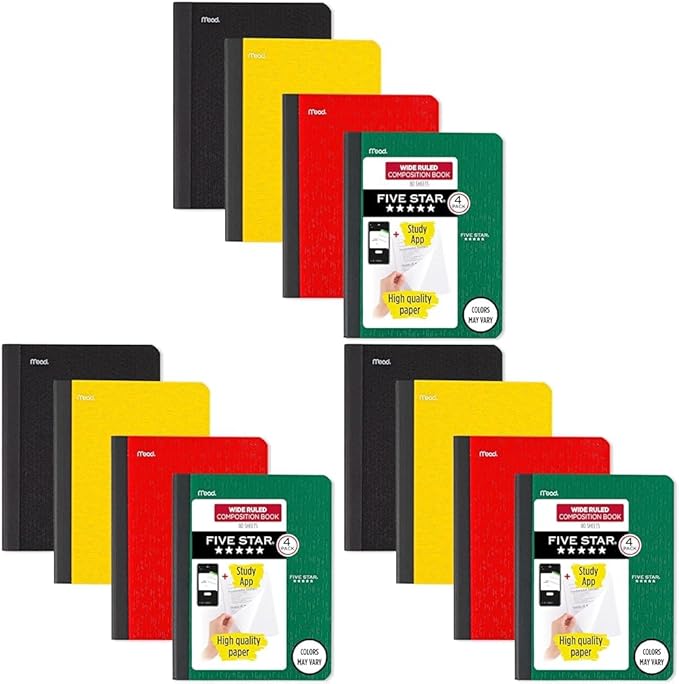 Five Star Composition Book + Study App, 12 Pack, Wide Ruled Paper, 7-1/2" x by FiveStar