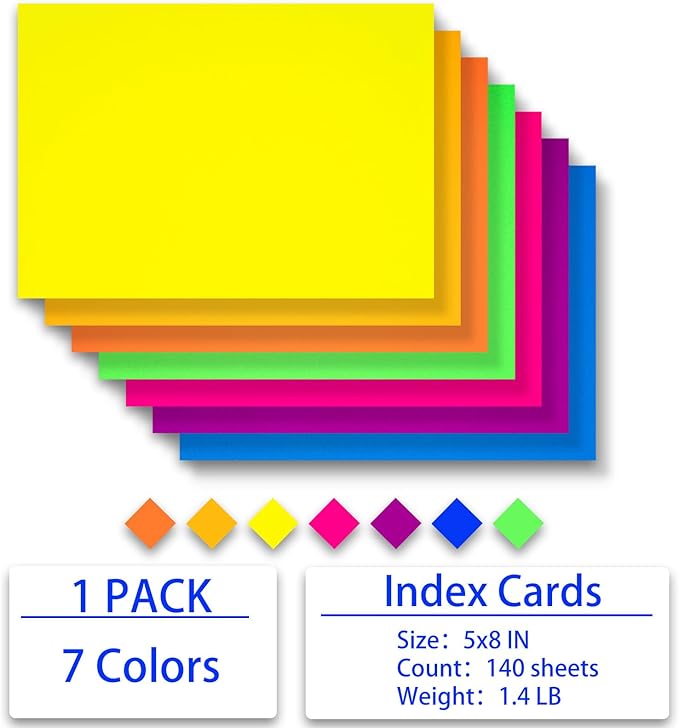 Index Cards 140-Count 5X8 Inch, 178GSM Heavyweight Set of 7 Fluorescent Colors - Image 4