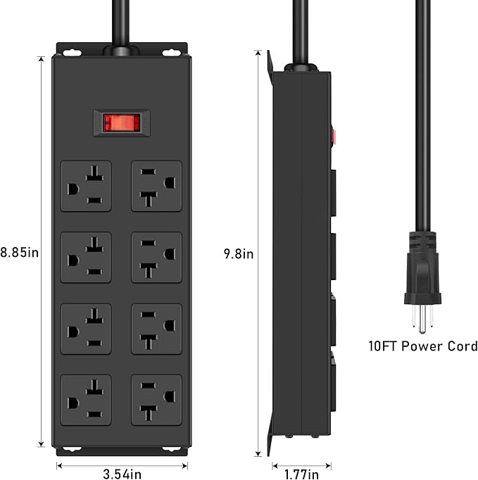 JUNNUJ Heavy Duty 20 Amp Power Strip, Garage 8 Outlets Metal 12 Gauge Surge Protector 3000J, High Amp 5-15P Adapter Shop 6-20R T-Slot Industrial Outlets (8AC, 10FT)-DeskLoop Office