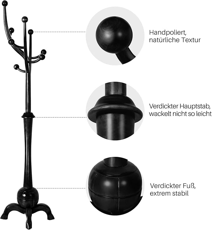 Heavy Duty Coat Rack Freestanding Wood Tree Rack with 8 Hooks, Unique Design Tree Branch-look, Premium Coat Tree Clothes Hanger Stand with Sphere Base for Entryway, Hallway, Bedroom-Load 160lbs Black-DeskLoop Office