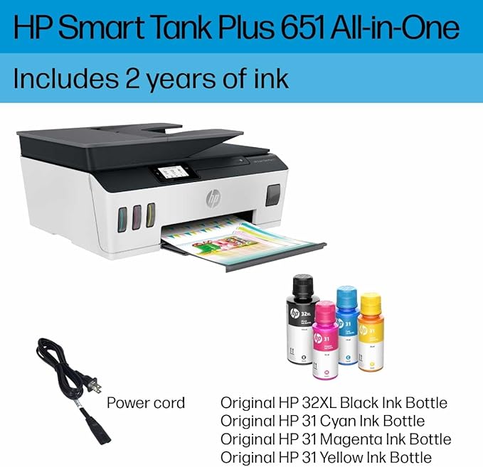HP Smart -Tank Plus 651 Wireless All-in-One Ink -Tank Printer, up to 2 Years of Ink in Bottles, Auto Document Feeder, Mobile Print, Scan, Copy,, Fax, Works with Alexa (7XV38A)-DeskLoop Office